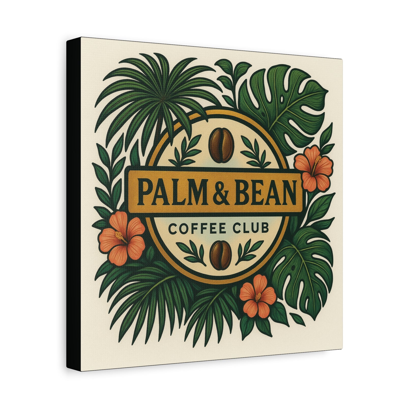 Palm & Bean Coffee Club Canvas Wall Art — Tropical Coffee Shop Sign, Black