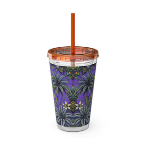 Tropical Tumbler with Straw | 16 oz: Tropical Palms & Fruit, Purple