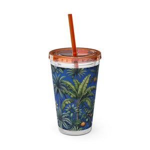 Tropical Tumbler with Straw | 16 oz: Tropical Palms & Fruit, Blue