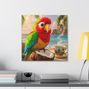 Tropical Parrot Canvas Wall Art — Colorful Beach Scene with Coffee Cup