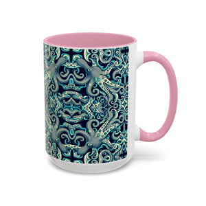 Accent Color Coffee Mug, Many Colors - 11oz & 15oz / Twisted Aqua Octopus