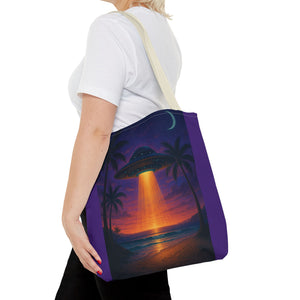 UFO at Beach Sunset Tote Bag, Purple - 3 Sizes