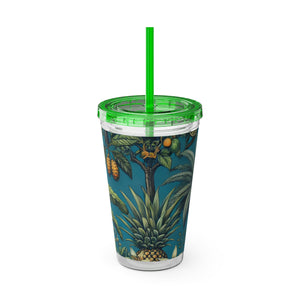 Tropical Tumbler with Straw | 16 oz: Tropical Palms & Fruit, Blue