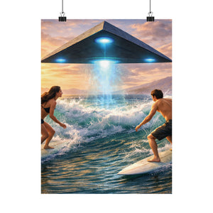 Surfing Encounter UFO Poster — Matte Vertical Sci‑Fi Beach Art Print