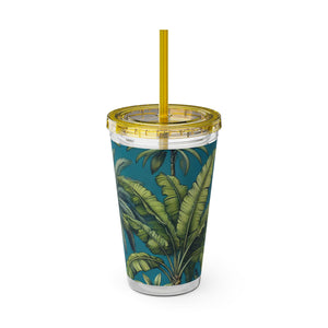 Tropical Tumbler with Straw | 16 oz: Tropical Palms & Fruit, Blue