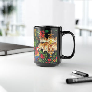 Tropical Parrot Black Mug — Jungle Floral Design with Chandelier (11oz/15oz)
