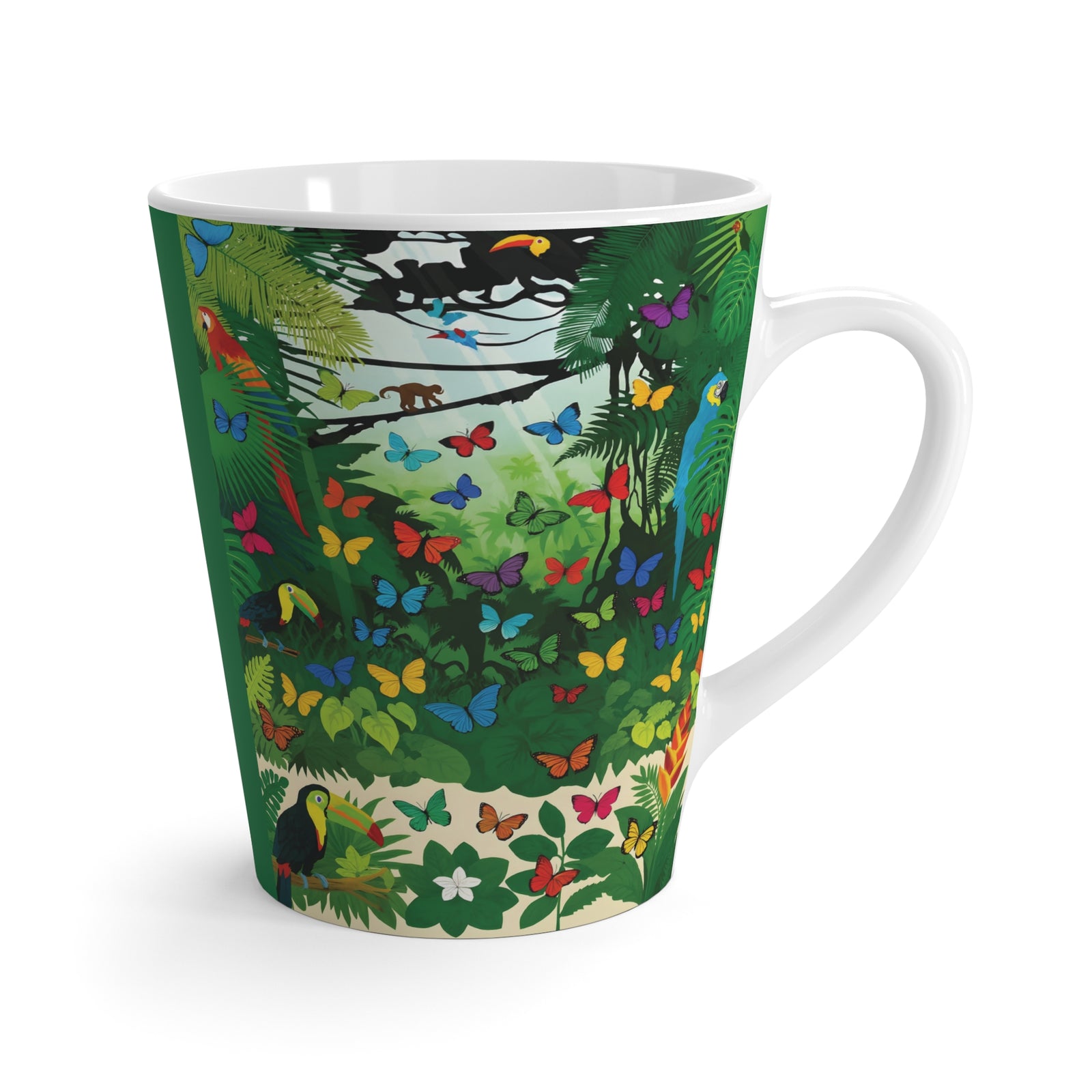 White Latte Mug – Jungle Parrots & Butterflies