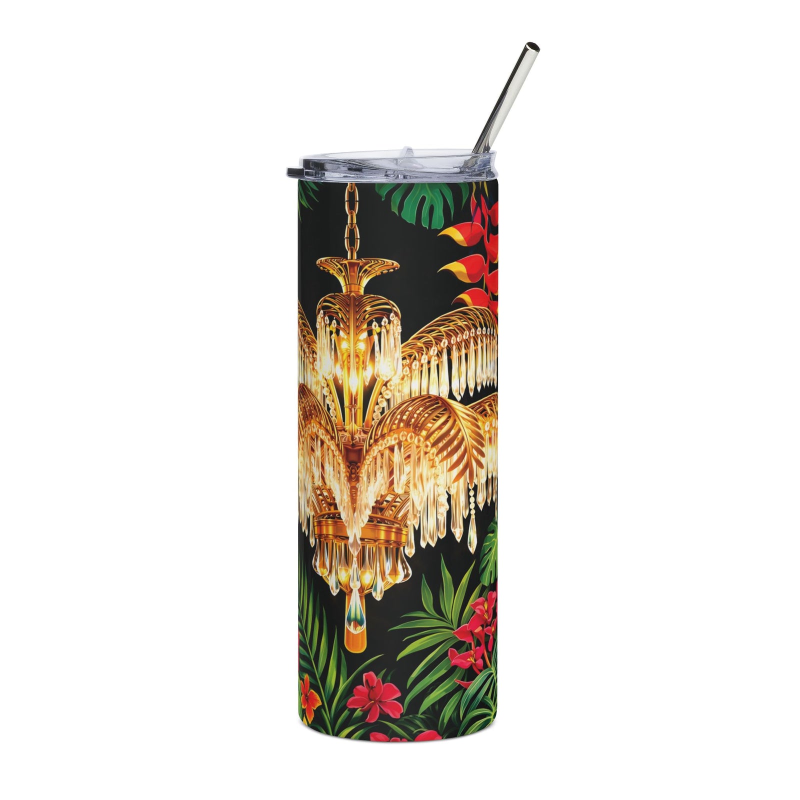 20oz Stainless Steel Travel Tumbler — Tropical Hollywood Regency Chandelier & Parrot