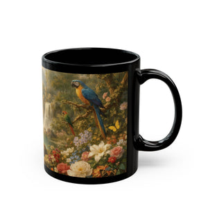 Black Ceramic Mug — Vintage Floral Rainforest Landscape, 11oz/15oz