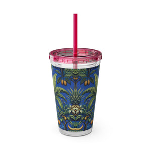 Tropical Tumbler with Straw | 16 oz: Tropical Palms & Fruit, Blue