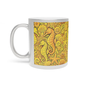Tropical Metallic Mug, Gold or Silver - Seahorse Trio, Yellow