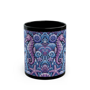 Black Coffee Mug - Seahorse Trio, Purple & Blue