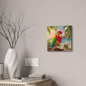 Tropical Canvas Wall Art — Tiki the Parrot With Coffee V2, Green