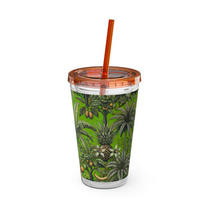Tropical Tumbler with Straw | 16 oz: Tropical Palms & Fruit, Green