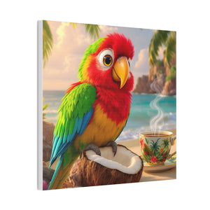 Tropical Parrot Canvas Wall Art — Colorful Beach Scene with Coffee Cup