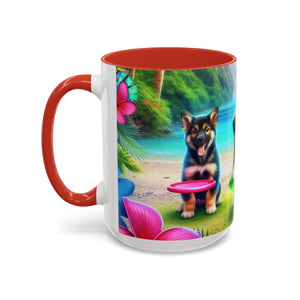 Cute Beach Puppies Playing Frisbee - Black Coffee Mug - Perfect Gift for Dog Lovers