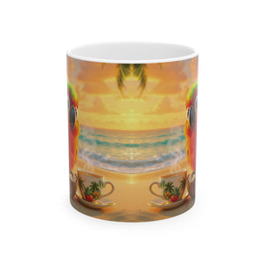 Ceramic White Mug - Tiki the Parrot Drinking Coffee
