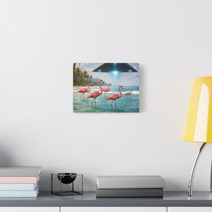 Matte Canvas Print — Flamingos & UFO Beach Wall Art