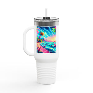 Insulated Travel Mug, 40oz / Pop Art Flamingo Beach