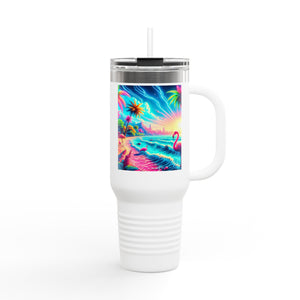 Insulated Travel Mug, 40oz / Pop Art Flamingo Beach
