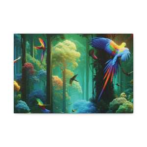 Tropical Parrots Canvas Wall Art — Vibrant Flight School Jungle Scene Matte