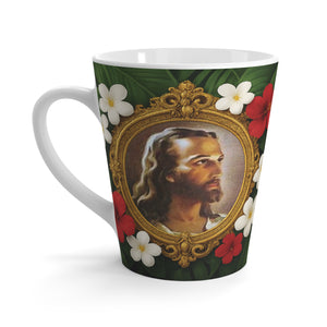 Religious Latte White Mug - Head of Christ, Jesus Portrait/Red Flowers