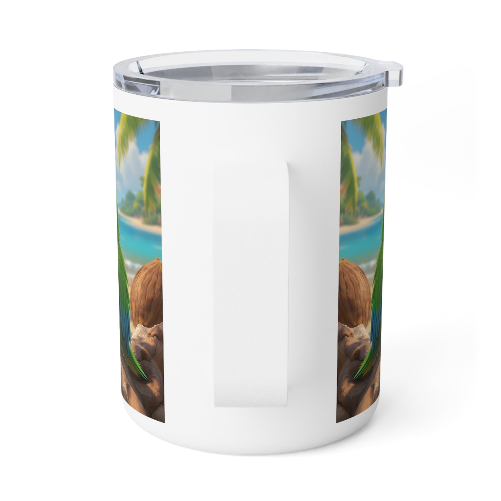10oz Insulated Coffee Mug — Lulu the Parrot at Beach
