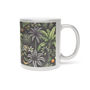 Tropical Metallic Mug, Gold or Silver - Tropical Palms & Fruit, Black