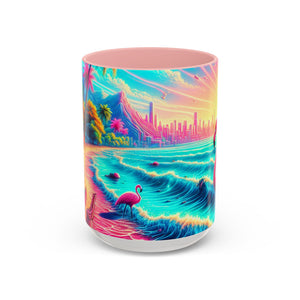 Accent Color Coffee Mug (11, 15oz) / Pop Art Flamingo Beach, Various Colors