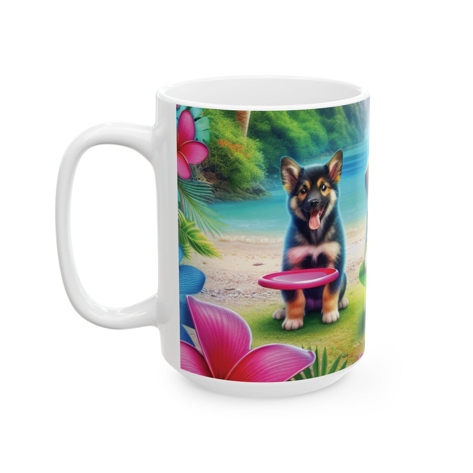 Ceramic White Mug - 11oz & 15oz, Puppies Playing Frisbee at Beach