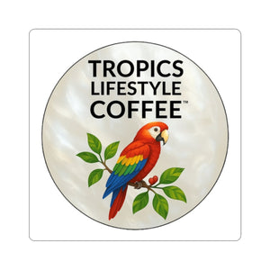 Tropics Lifestyle Coffee Parrot Logo Sticker — Kiss-Cut Decal