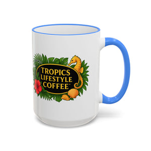 Accent Rim & Handle Coffee Mug ~ Tropics Lifestyle Coffee Seahorse Logo/White