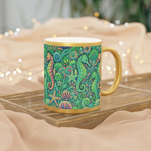 Tropical Metallic Mug, Gold or Silver - Seahorse Trio, Lime