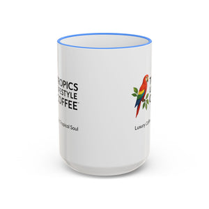 Accent Rim & Handle Coffee Mug ~ Tropics Lifestyle Coffee Parrot Logo