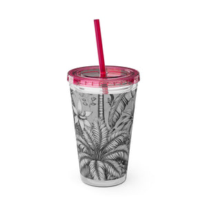 Tropical Tumbler with Straw | 16 oz: Tropical Palms & Fruit, Noir