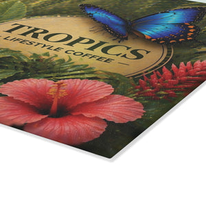 Glass Coffee Station Tray - 'Tropics Lifestyle Coffee Rainforest Butterfly