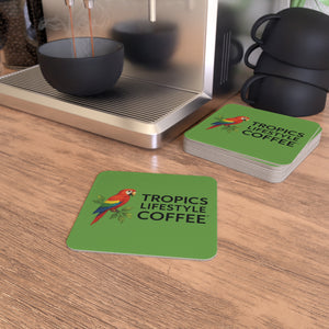 Bulk Durable Hardboard Coffee Coasters — Tropics Lifestyle Coffee Parrot Logo (50/100 pcs), green