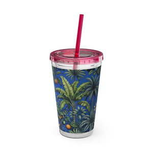 Tropical Tumbler with Straw | 16 oz: Tropical Palms & Fruit, Blue