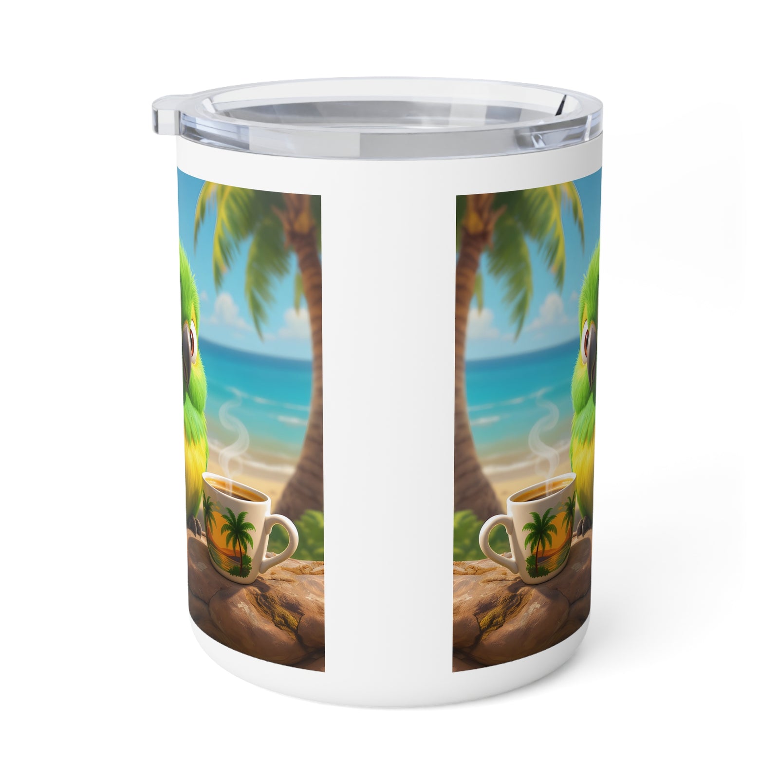 10oz Insulated Coffee Mug — Lulu the Parrot at Beach