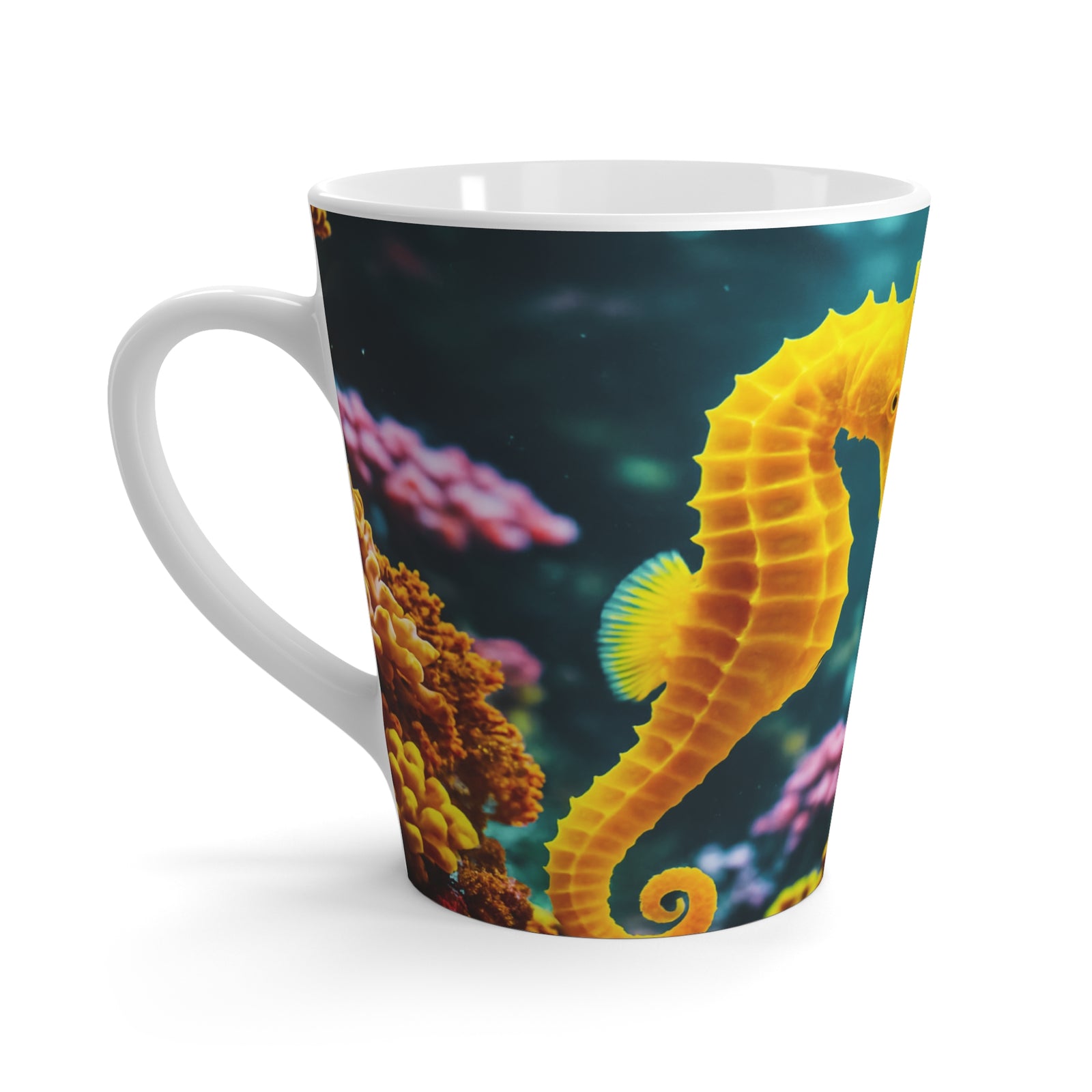 White Latte Mug — Colorful Seahorses in Love