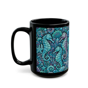 Black Coffee Mug - Seahorse Trio, Turquoise