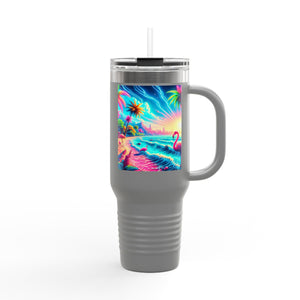 Insulated Travel Mug, 40oz / Pop Art Flamingo Beach