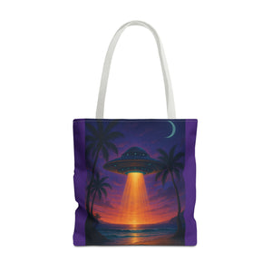 UFO at Beach Sunset Tote Bag, Purple - 3 Sizes