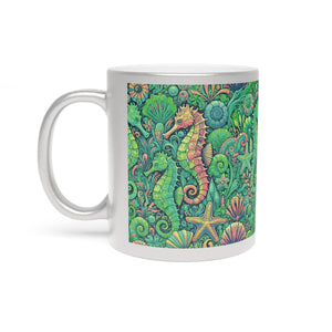 Tropical Metallic Mug, Gold or Silver - Seahorse Trio, Lime