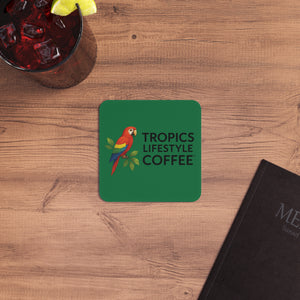 Bulk Durable Hardboard Coffee Coasters — Tropics Lifestyle Coffee Parrot Logo (50/100 pcs), dark green