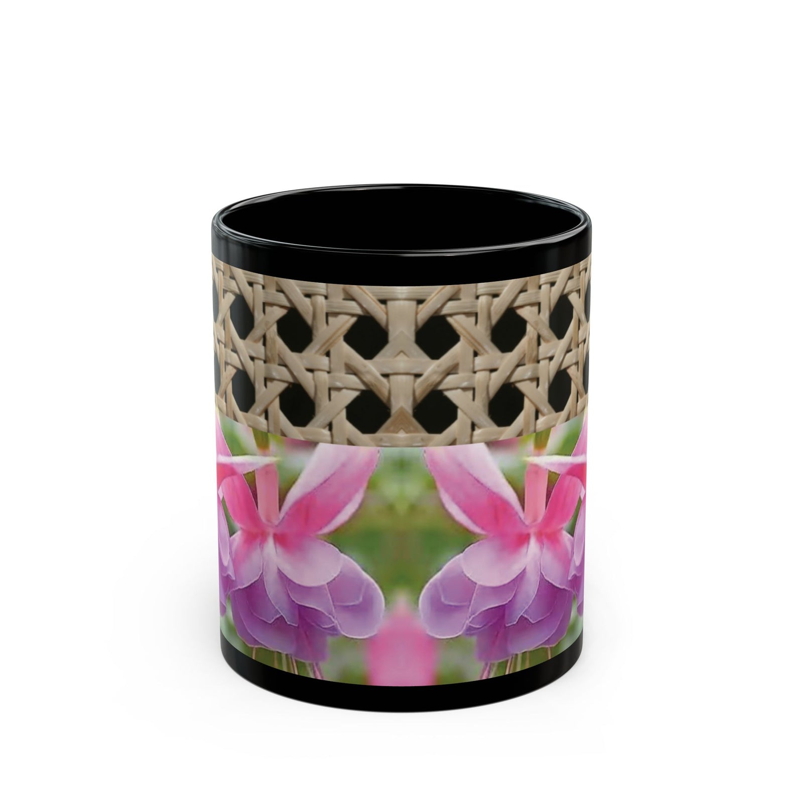 Black Coffee Mug - Wicker & Pink Fuschias