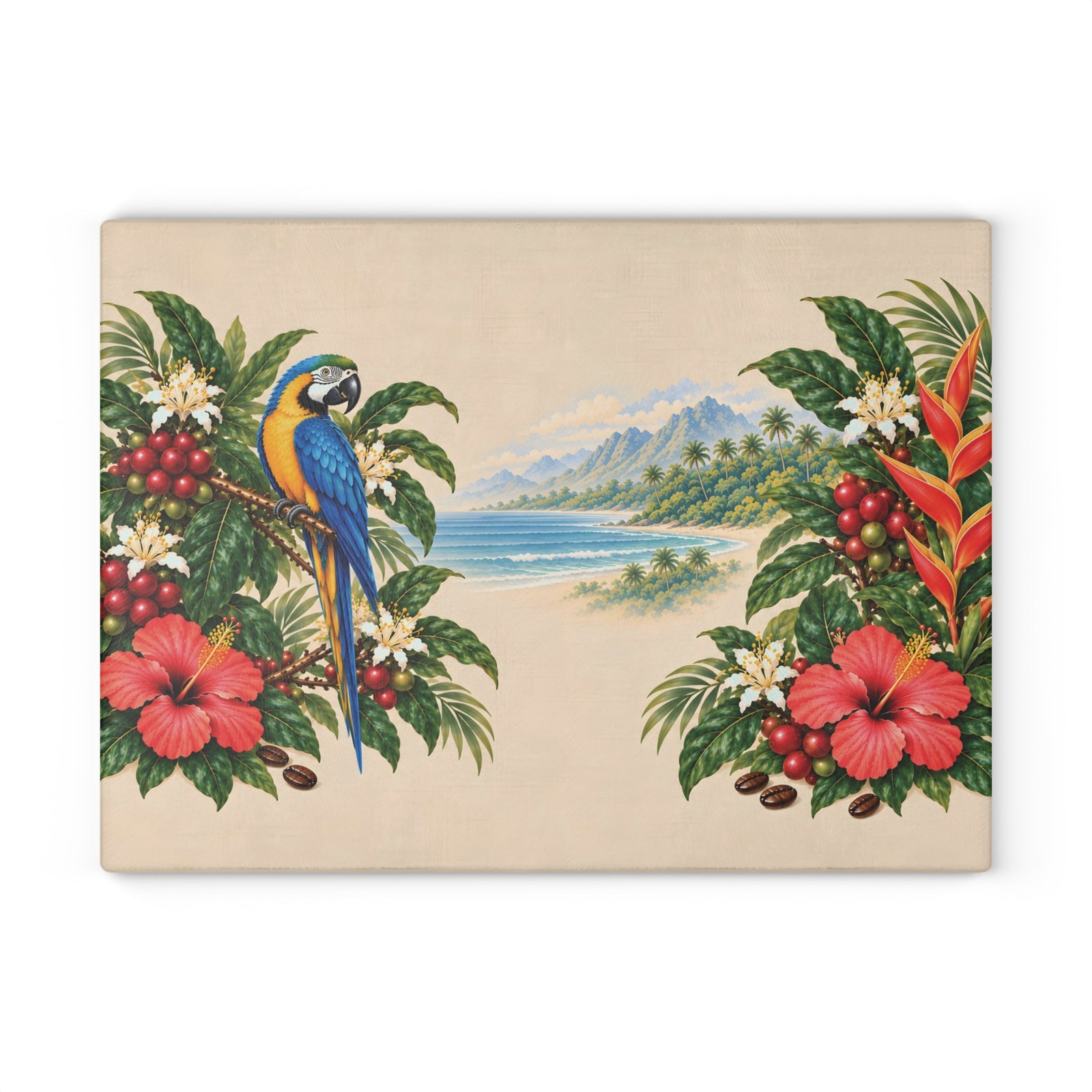 Tropical Parrot Glass Cutting Board – Hawaiian Hibiscus & Beach Kitchen Decor