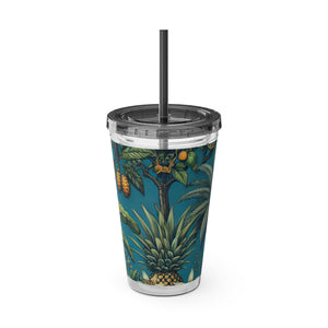 Tropical Tumbler with Straw | 16 oz: Tropical Palms & Fruit, Blue