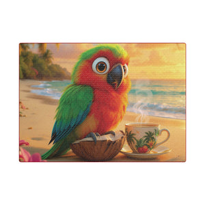 Tropical Beach Canvas - Tiki the Parrot Sunrise Wall Art, Dark Red