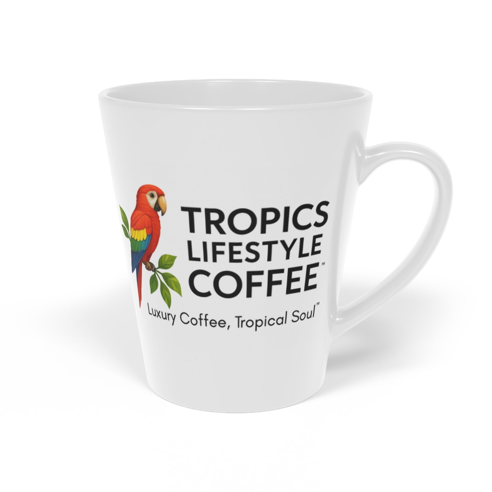 White Latte Mug, 12oz  ~ Tropics Lifestyle Coffee Parrot Logo